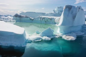 Free-floating ice floats jammed into the Ilulissat Icefjord during unseasonably warm weather on July 30, 2019 near Ilulissat, Greenland.